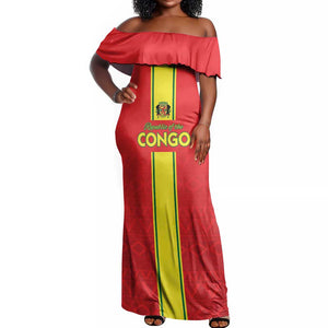 Custom Republique du Congo Football Off Shoulder Maxi Dress Go Ba Diabulu ya Mbwaki Red Color - African Pride