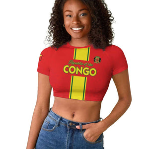 Custom Republique du Congo Football Raglan Cropped T shirt Go Ba Diabulu ya Mbwaki Red Color - African Pride