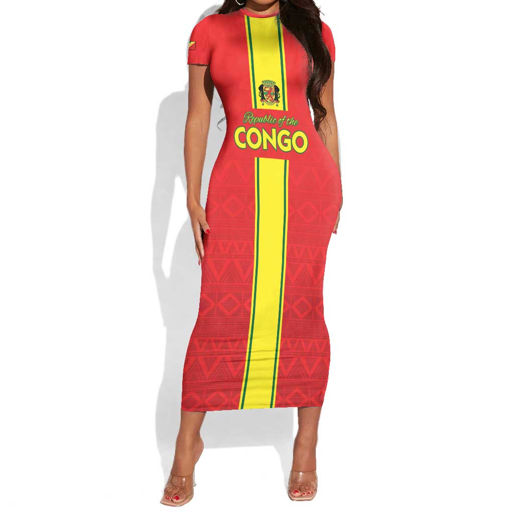 Custom Republique du Congo Football Short Sleeve Bodycon Dress Go Ba Diabulu ya Mbwaki Red Color - African Pride