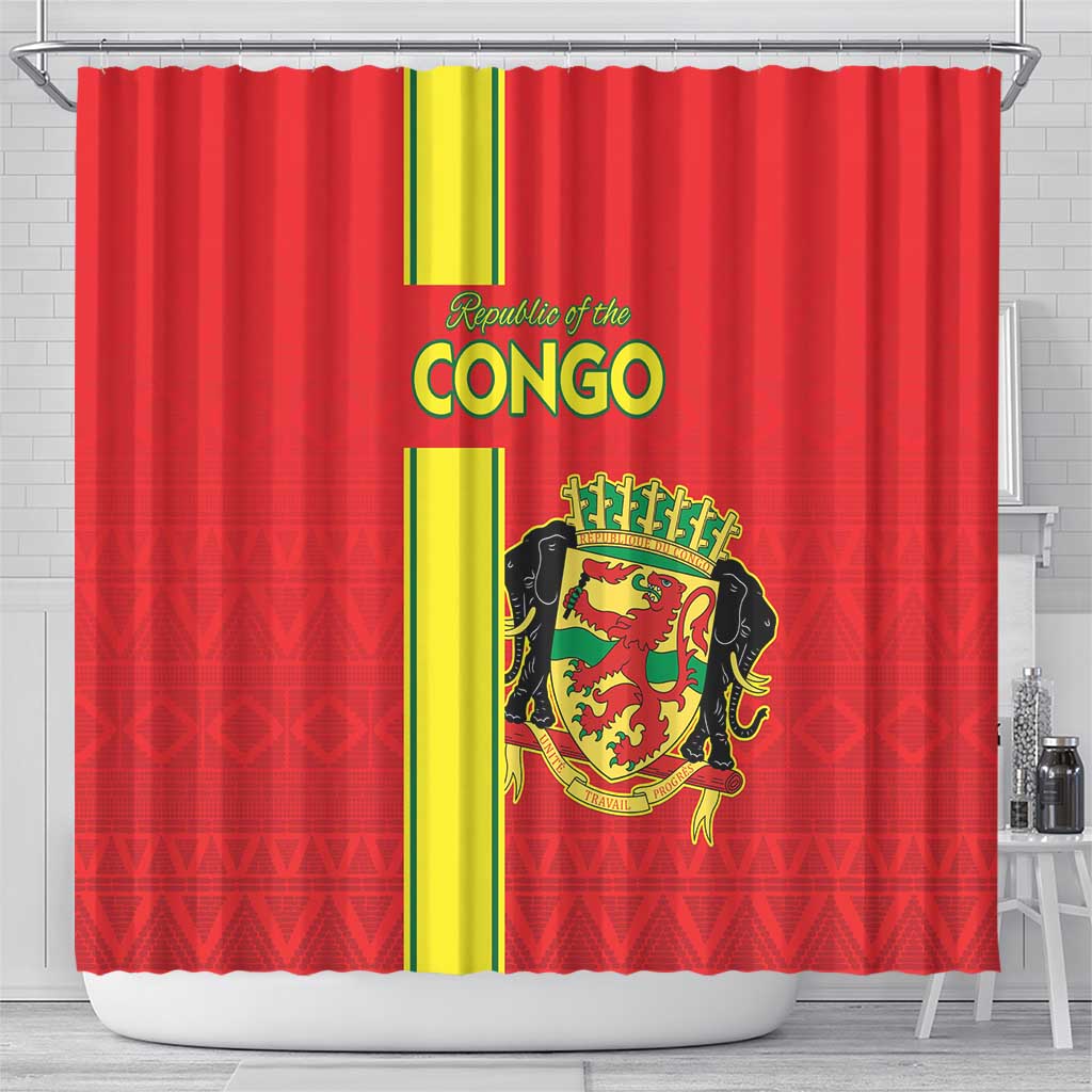 Republique du Congo Football Shower Curtain Go Ba Diabulu ya Mbwaki Red Color - African Pride