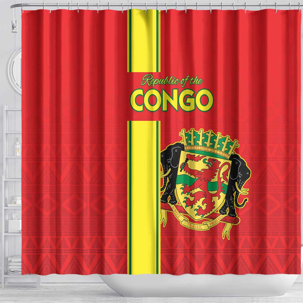 Republique du Congo Football Shower Curtain Go Ba Diabulu ya Mbwaki Red Color - African Pride