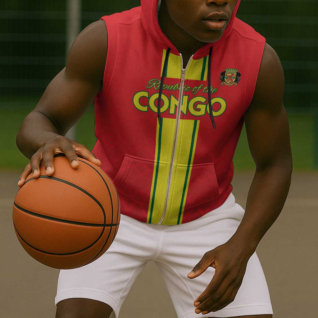 Custom Republique du Congo Football Sleeveless Zip Hoodie Go Ba Diabulu ya Mbwaki Red Color - African Pride