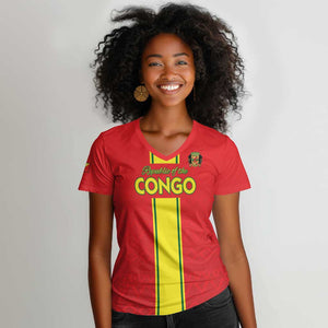 Custom Republique du Congo Football Women V-Neck T-Shirt Go Ba Diabulu ya Mbwaki Red Color - African Pride