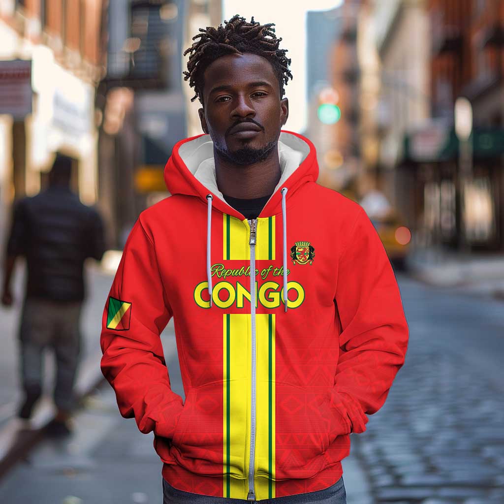 Custom Republique du Congo Football Zip Hoodie Go Ba Diabulu ya Mbwaki Red Color - African Pride