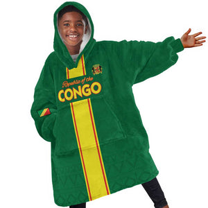Custom Republique du Congo Football Kid Wearable Blanket Hoodie Go Ba Diabulu ya Mbwaki Green Color - African Pride