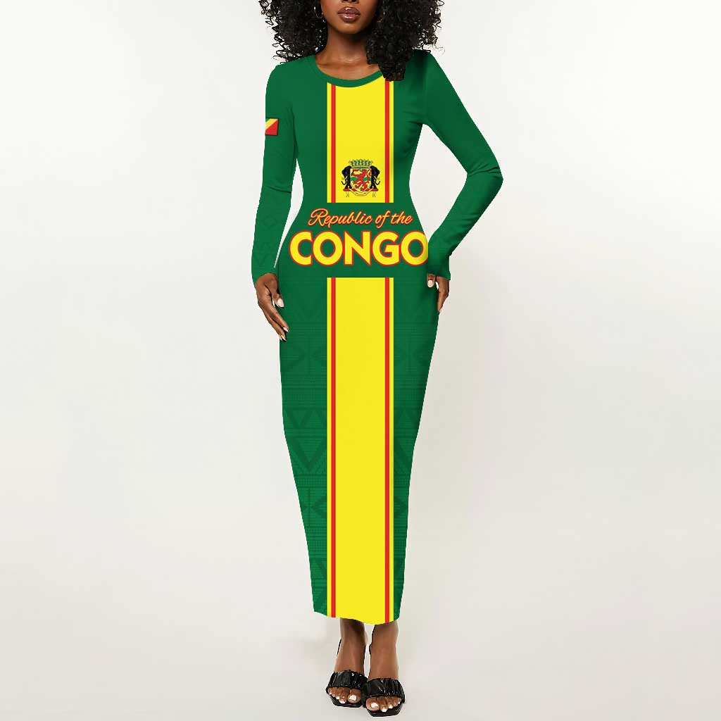 Custom Republique du Congo Football Long Sleeve Bodycon Dress Go Ba Diabulu ya Mbwaki Green Color - African Pride