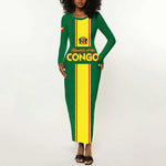 Custom Republique du Congo Football Long Sleeve Bodycon Dress Go Ba Diabulu ya Mbwaki Green Color - African Pride