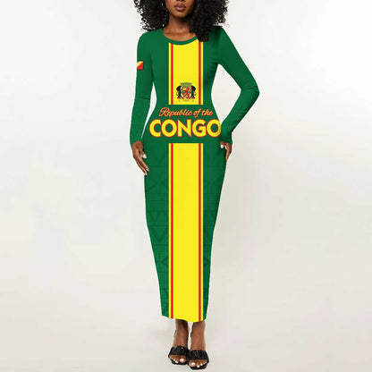 Custom Republique du Congo Football Long Sleeve Bodycon Dress Go Ba Diabulu ya Mbwaki Green Color - African Pride