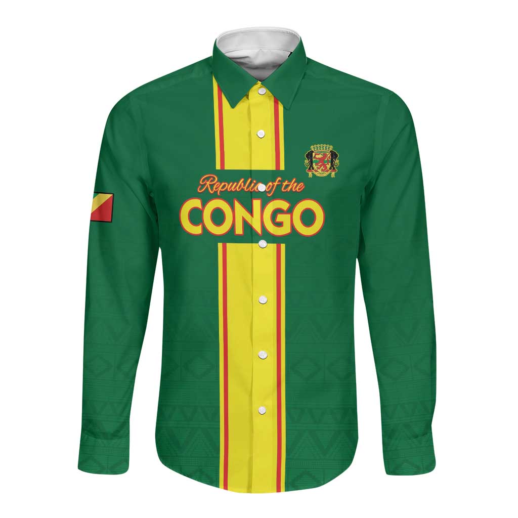 Custom Republique du Congo Football Long Sleeve Button Shirt Go Ba Diabulu ya Mbwaki Green Color - African Pride