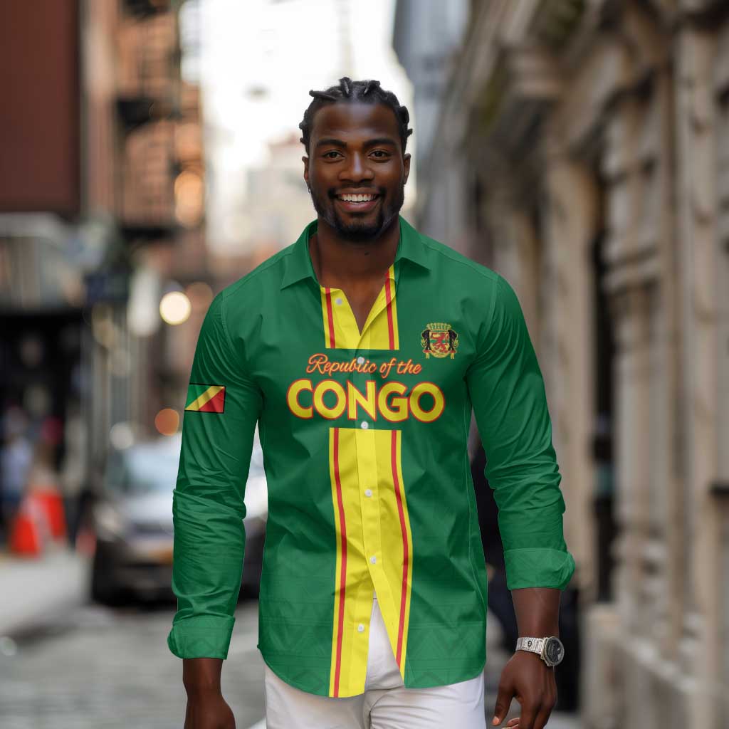 Custom Republique du Congo Football Long Sleeve Button Shirt Go Ba Diabulu ya Mbwaki Green Color - African Pride