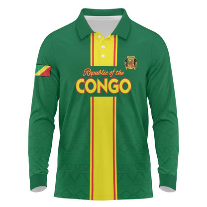 Custom Republique du Congo Football Long Sleeve Polo Shirt Go Ba Diabulu ya Mbwaki Green Color - African Pride