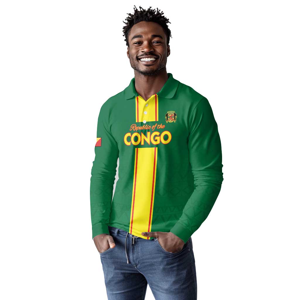 Custom Republique du Congo Football Long Sleeve Polo Shirt Go Ba Diabulu ya Mbwaki Green Color - African Pride