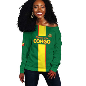Custom Republique du Congo Football Off Shoulder Sweater Go Ba Diabulu ya Mbwaki Green Color - African Pride