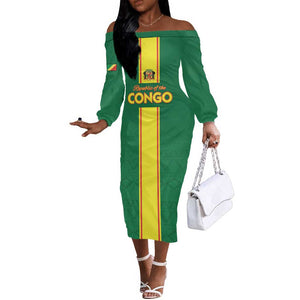 Custom Republique du Congo Football Off The Shoulder Long Sleeve Dress Go Ba Diabulu ya Mbwaki Green Color - African Pride