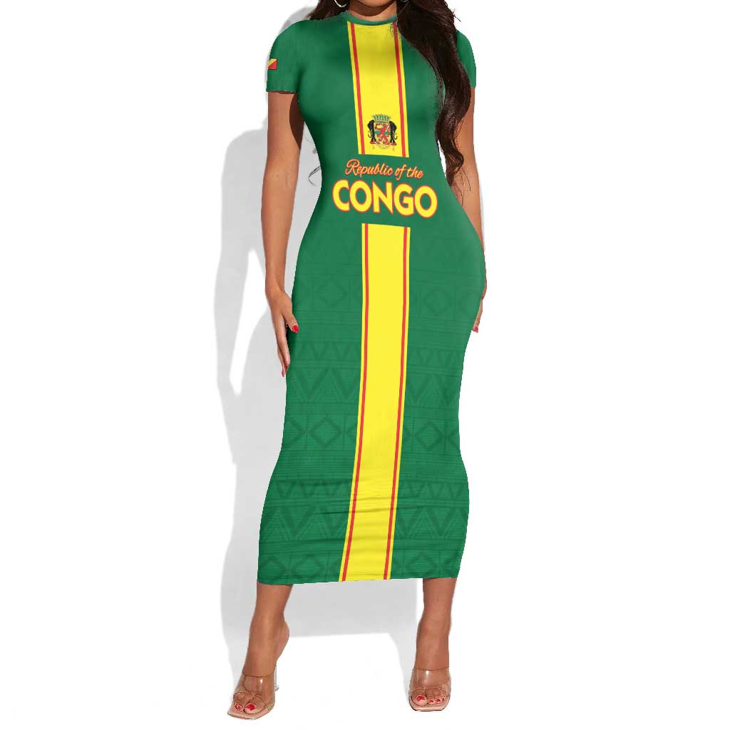 Custom Republique du Congo Football Short Sleeve Bodycon Dress Go Ba Diabulu ya Mbwaki Green Color - African Pride