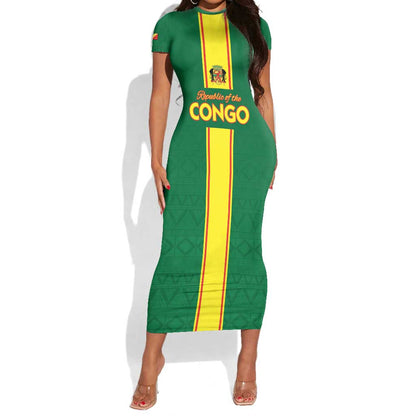 Custom Republique du Congo Football Short Sleeve Bodycon Dress Go Ba Diabulu ya Mbwaki Green Color - African Pride