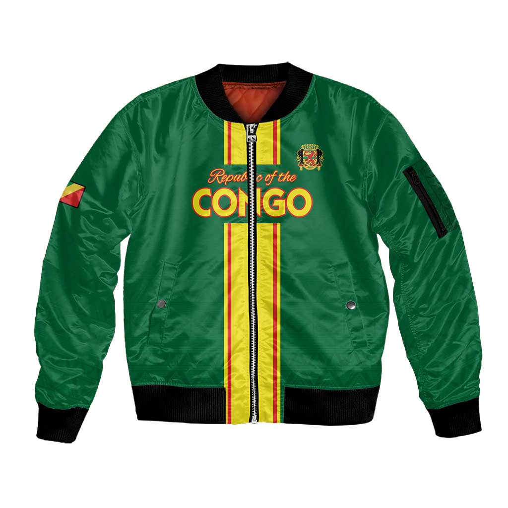 Custom Republique du Congo Football Sleeve Zip Bomber Jacket Go Ba Diabulu ya Mbwaki Green Color - African Pride
