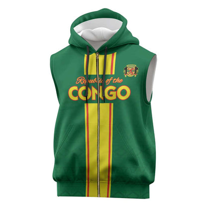 Custom Republique du Congo Football Sleeveless Zip Hoodie Go Ba Diabulu ya Mbwaki Green Color - African Pride