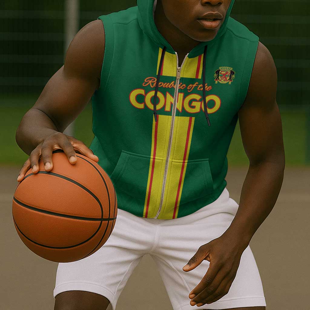 Custom Republique du Congo Football Sleeveless Zip Hoodie Go Ba Diabulu ya Mbwaki Green Color - African Pride