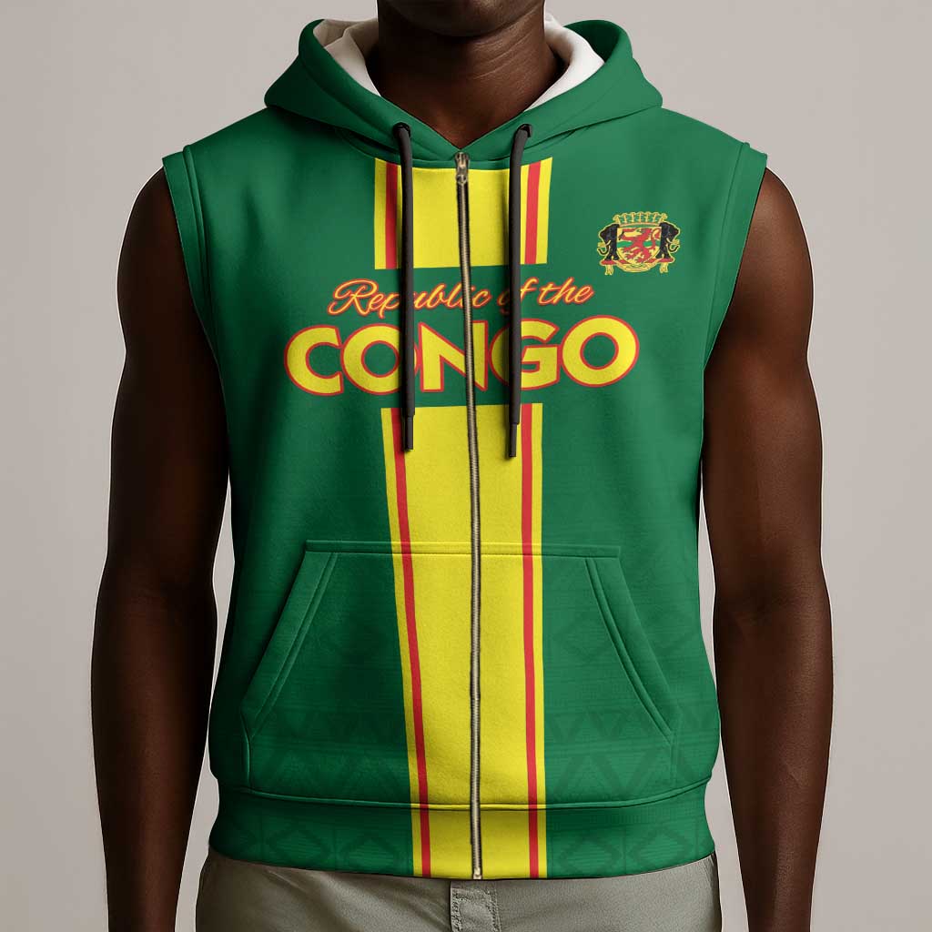 Custom Republique du Congo Football Sleeveless Zip Hoodie Go Ba Diabulu ya Mbwaki Green Color - African Pride