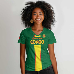 Custom Republique du Congo Football Women V-Neck T-Shirt Go Ba Diabulu ya Mbwaki Green Color - African Pride
