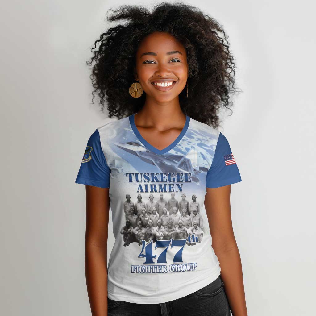 Tuskegee Airmen 477th Fighter Group Women V-Neck T-Shirt Blue Heritage LT15