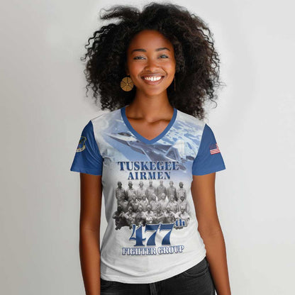 Tuskegee Airmen 477th Fighter Group Women V-Neck T-Shirt Blue Heritage LT15