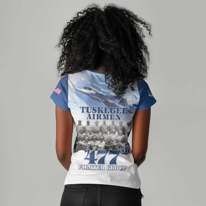 Tuskegee Airmen 477th Fighter Group Women V-Neck T-Shirt Blue Heritage - African Pride