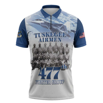 Blue Heritage Tuskegee Airmen Zipper Polo Shirt 477th Fighter Group