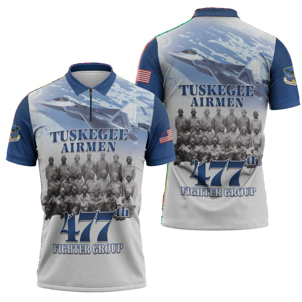 Blue Heritage Tuskegee Airmen Zipper Polo Shirt 477th Fighter Group
