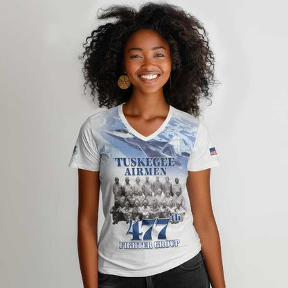 Tuskegee Airmen WWII Heroes Women V-Neck T-Shirt 477th Fighter Group - African Pride