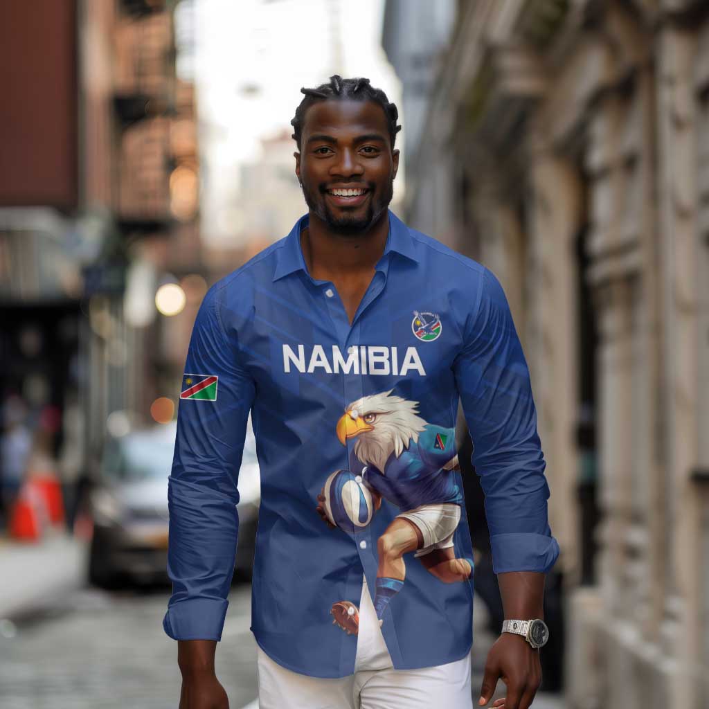 Namibia Rugby Custom Long Sleeve Button Shirt Eagle Mascot - Sporty Style
