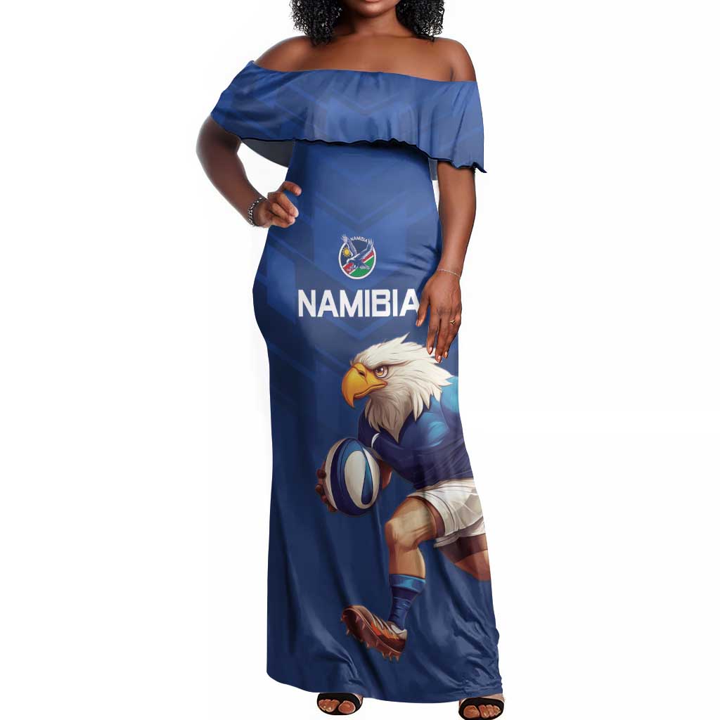 Namibia Rugby Custom Off Shoulder Maxi Dress Eagle Mascot - Sporty Style