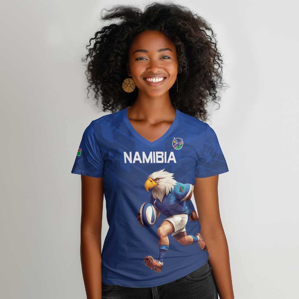 Namibia Rugby Custom Women V-Neck T-Shirt Eagle Mascot - Sporty Style