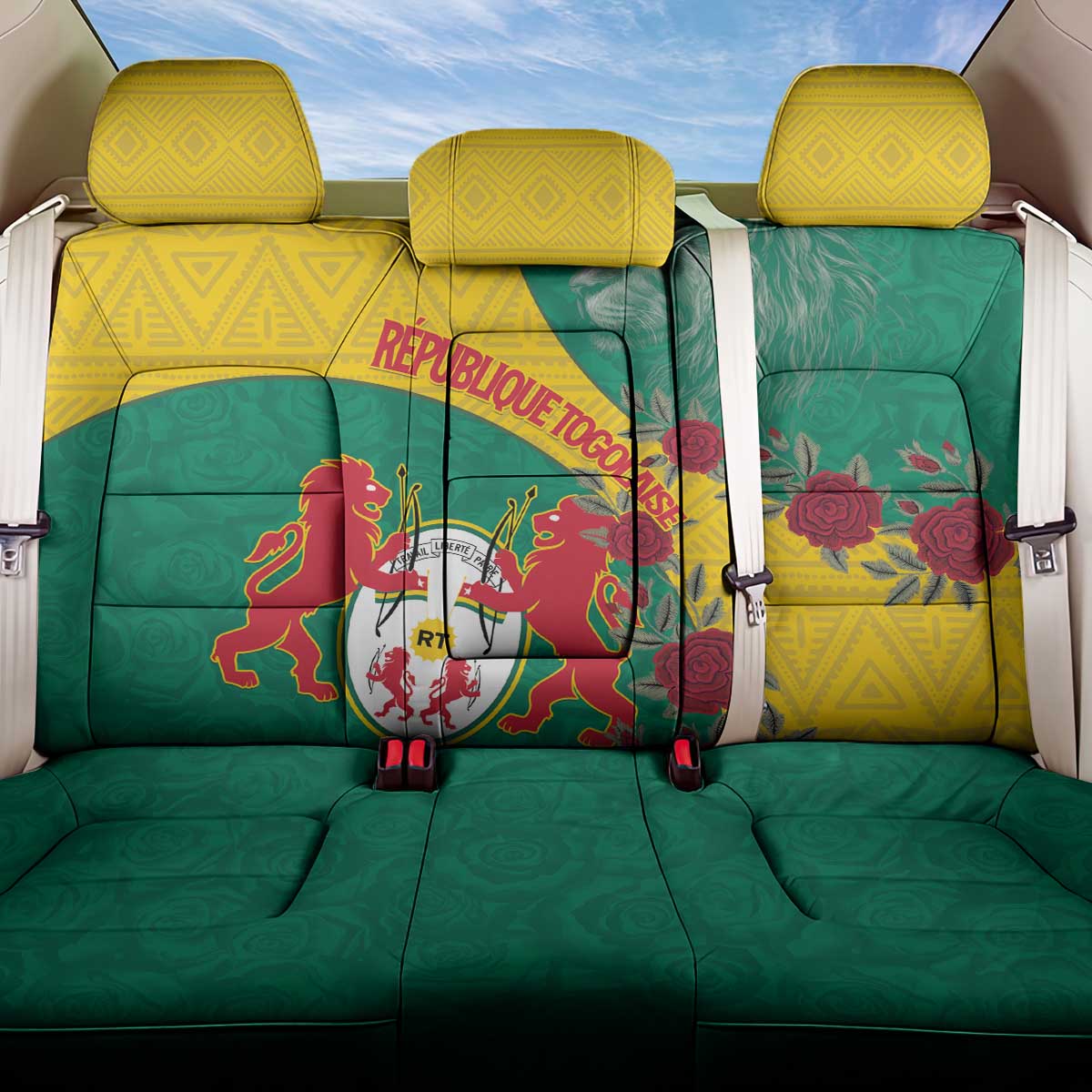 Personalised Togo Back Car Seat Cover Coat Of Arms - African Mix Rose Pattern