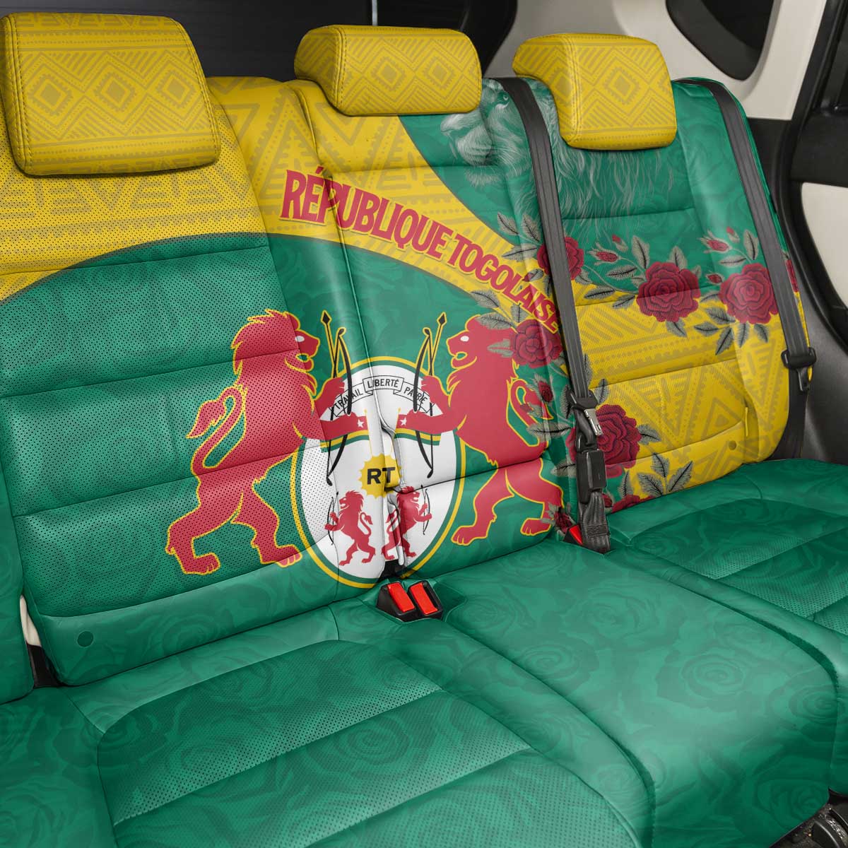 Personalised Togo Back Car Seat Cover Coat Of Arms - African Mix Rose Pattern