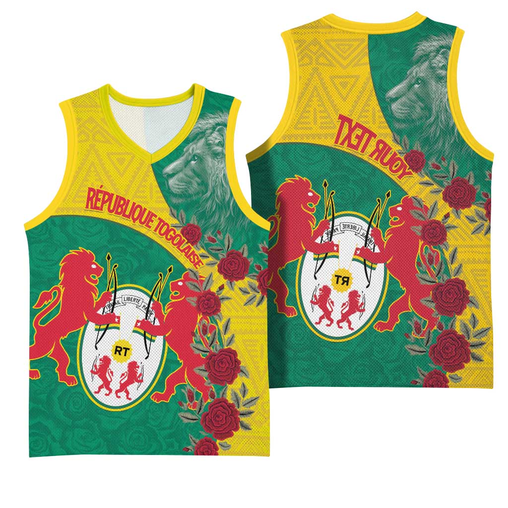 Personalised Togo Basketball Jersey Coat Of Arms - African Mix Rose Pattern - African Pride