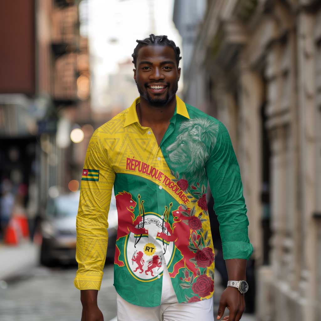 Personalised Togo Long Sleeve Button Shirt Coat Of Arms - African Mix Rose Pattern