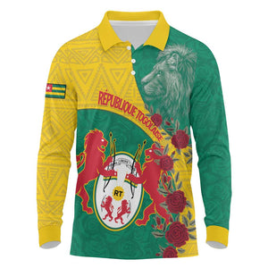 Personalised Togo Long Sleeve Polo Shirt Coat Of Arms - African Mix Rose Pattern