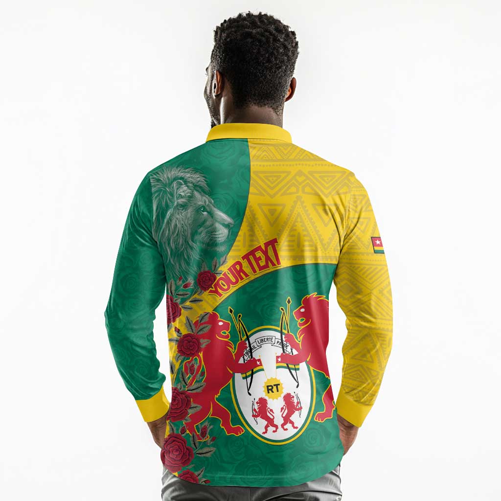 Personalised Togo Long Sleeve Polo Shirt Coat Of Arms - African Mix Rose Pattern