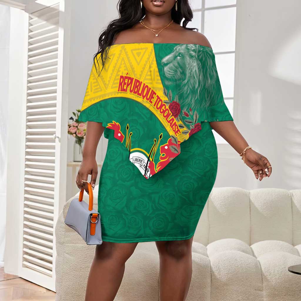 Personalised Togo Off Shoulder Short Dress Coat Of Arms - African Mix Rose Pattern