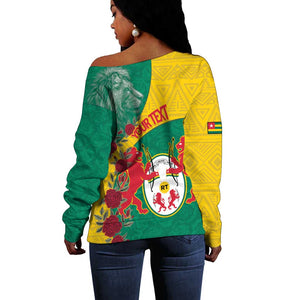 Personalised Togo Off Shoulder Sweater Coat Of Arms - African Mix Rose Pattern
