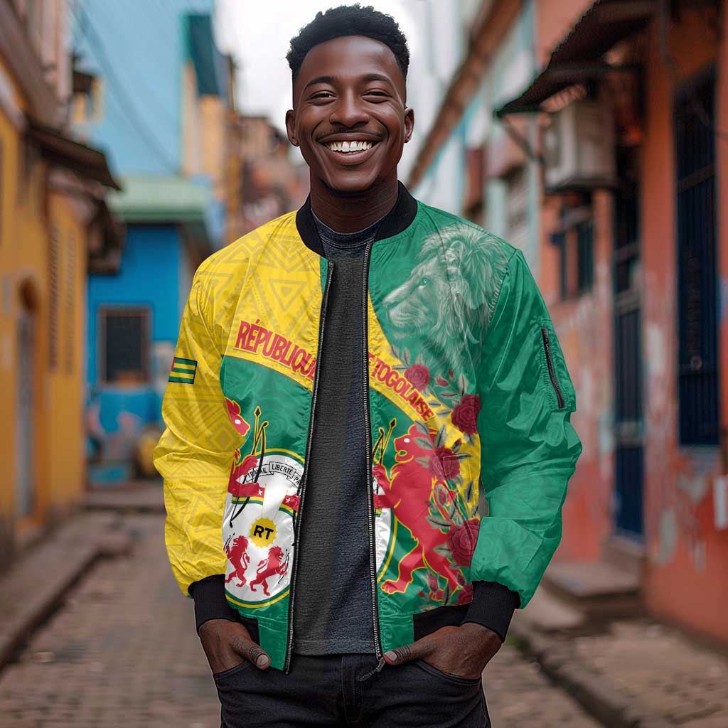 Personalised Togo Sleeve Zip Bomber Jacket Coat Of Arms - African Mix Rose Pattern