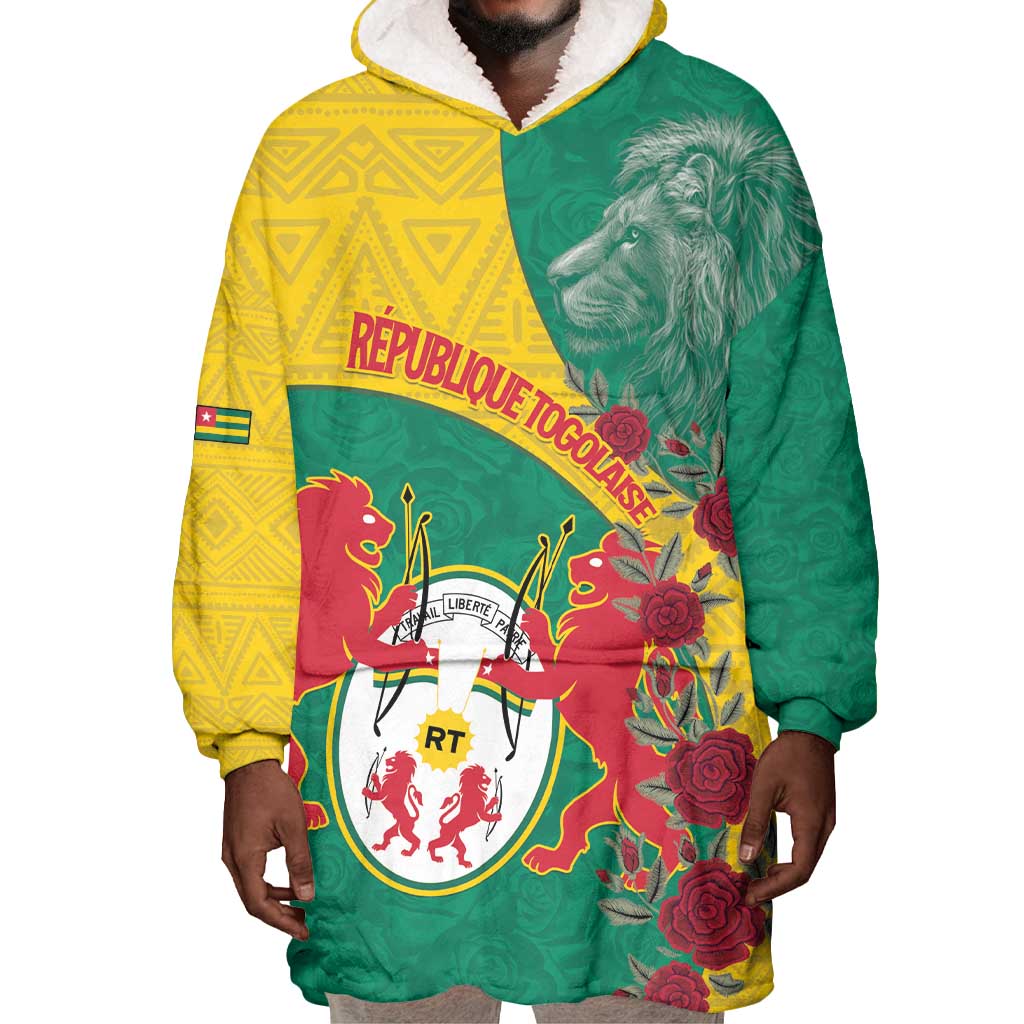 Personalised Togo Wearable Blanket Hoodie Coat Of Arms - African Mix Rose Pattern