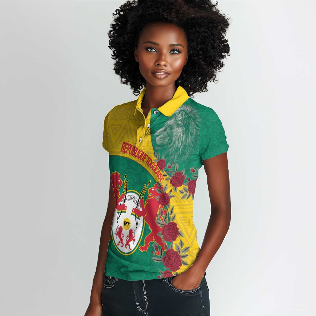 Personalised Togo Women Polo Shirt Coat Of Arms - African Mix Rose Pattern