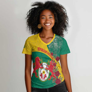 Personalised Togo Women V-Neck T-Shirt Coat Of Arms - African Mix Rose Pattern