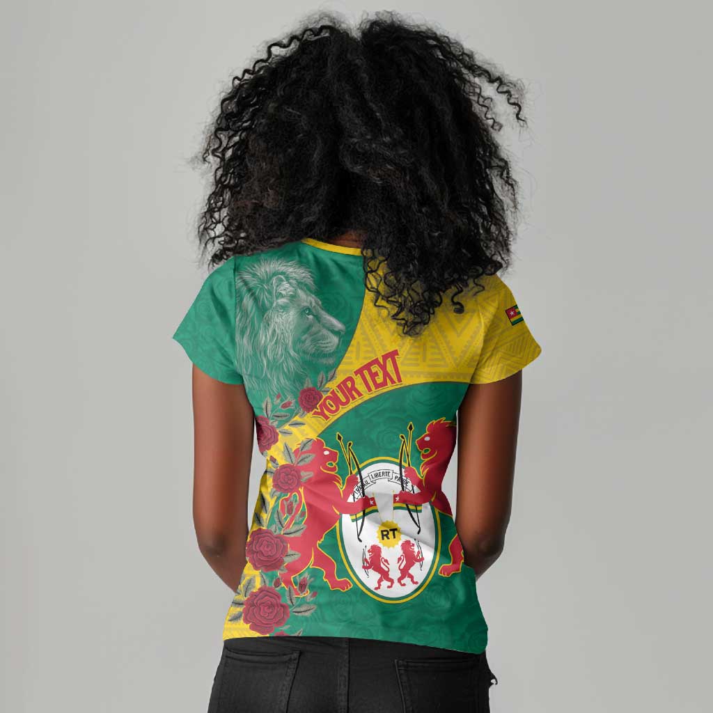 Personalised Togo Women V-Neck T-Shirt Coat Of Arms - African Mix Rose Pattern