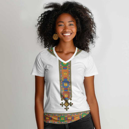 Ethiopia Saba Kemis Habesha Style Women V-Neck T-Shirt