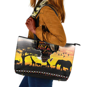 Africa Day Leather Tote Bag Safari With Map - African Pattern