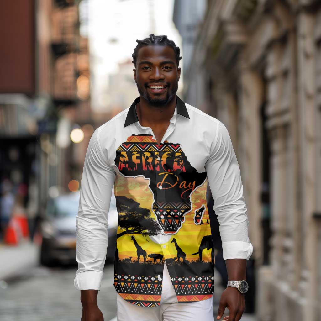 Africa Day Long Sleeve Button Shirt Safari With Map - African Pattern